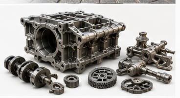 Bloc moteur ancien et pièces mécaniques restaurées