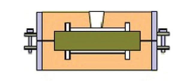 Photo Le noyau est placé sur ses portées, puis le moule est refermé.